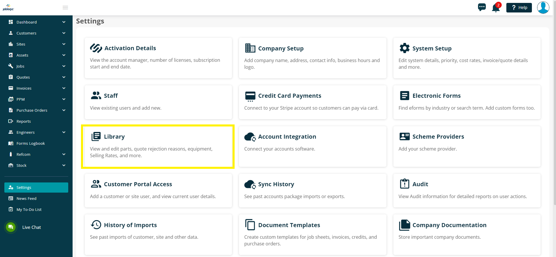 The Settings Library - User Guide | Support | Joblogic®